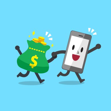 Çizgi film karakteri smartphone ile para çantası