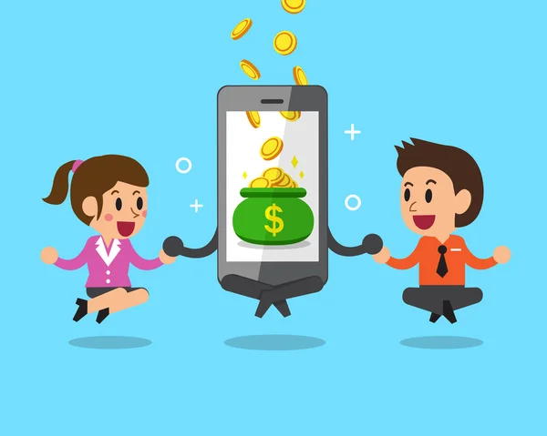 Concept d'entreprise smartphone dessin animé aider les gens d'affaires à gagner de l'argent — Image vectorielle