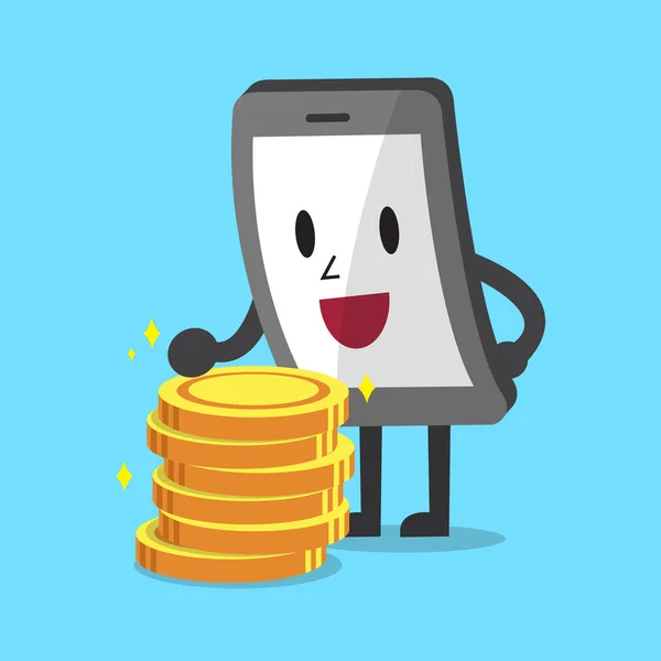 Γελοιογραφία smartphone με χρήματα κέρμα stack — Διανυσματικό Αρχείο