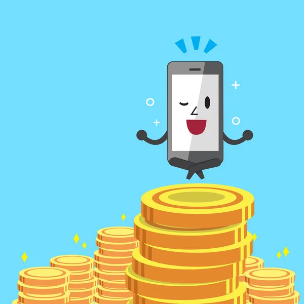 Cartoni animati smartphone e monete di denaro — Vettoriale Stock