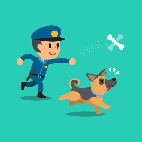 Cartoon security guard policeman playing with his dog — Stock Vector