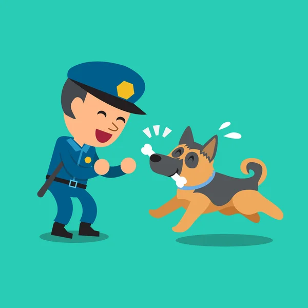 Мультфильм охранник полицейский играет с полицейской сторожевой собакой — стоковый вектор