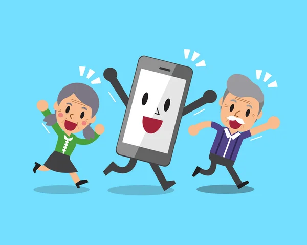 Dibujos animados personas mayores con teléfono inteligente — Vector de stock