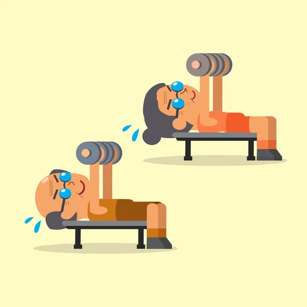 Dibujos animados hombre y mujer senior haciendo ejercicio de prensa dumbbell — Vector de stock