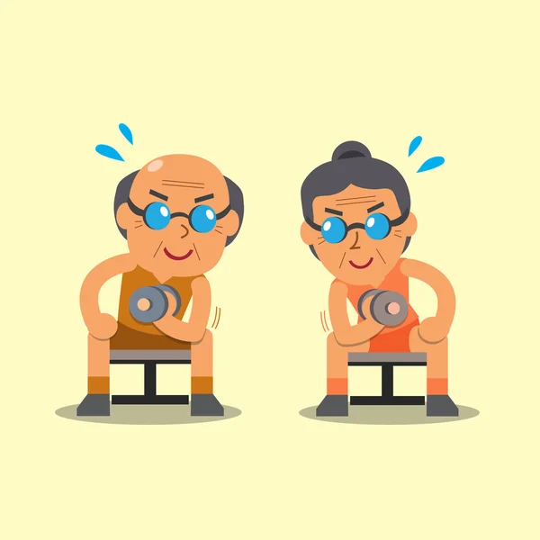Cartone animato anziano uomo e donna facendo esercizio manubri concentrazione ricciolo — Vettoriale Stock