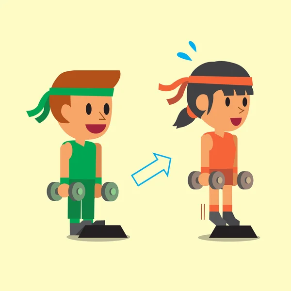 Dibujos animados hombre y mujer haciendo de pie becerro mancuerna elevar ejercicio paso de entrenamiento — Archivo Imágenes Vectoriales