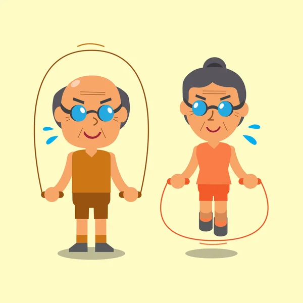 Dibujos animados senior hombre y mujer saltar cuerdas — Archivo Imágenes Vectoriales
