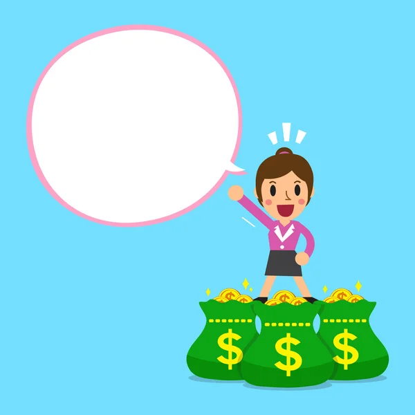 Affärskvinna och pengar påsar med vita pratbubblan — Stock vektor