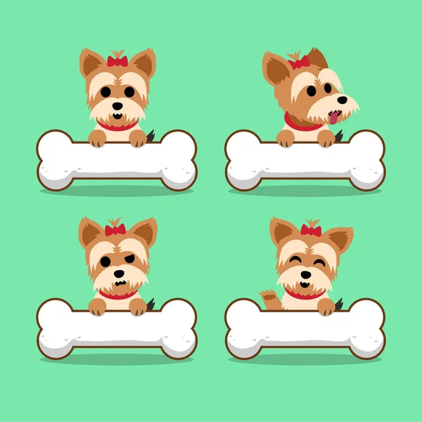 Conjunto de personaje de dibujos animados yorkshire terrier perro con huesos grandes — Archivo Imágenes Vectoriales