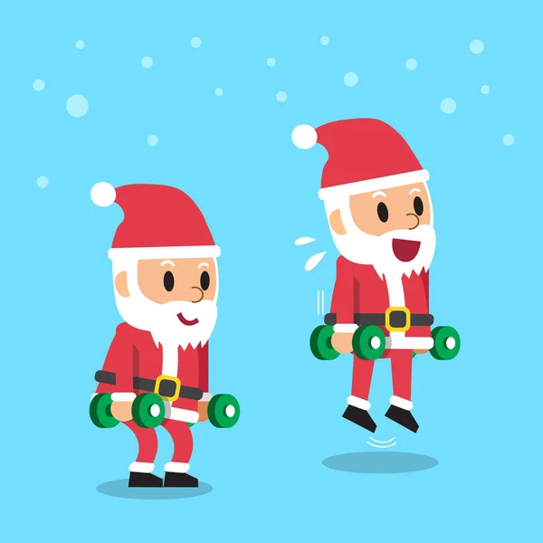 Desenhos animados santa claus fazendo dumbbell bezerro salto exercício passo de treinamento —  Vetores de Stock