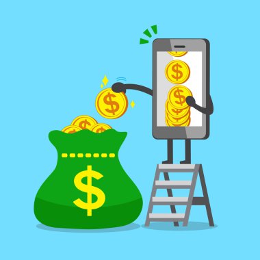 İş kavramı çizgi film smartphone karakteri büyük bir çanta para madeni para koyarak
