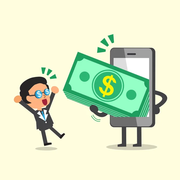 Concept d'entreprise smartphone dessin animé donnant pile d'argent à un homme d'affaires — Image vectorielle