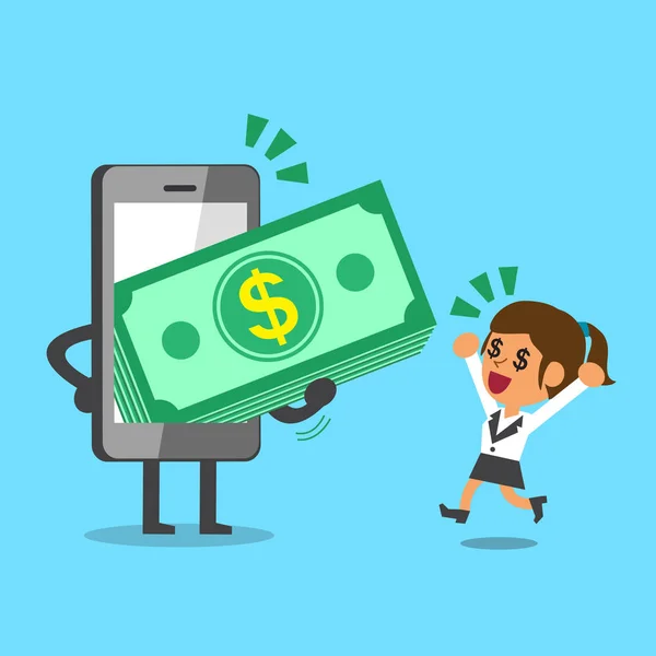 Επαγγελματίες έννοια γελοιογραφία smartphone δίνοντας χρήματα στοίβα μέχρι μια γυναίκα — Διανυσματικό Αρχείο
