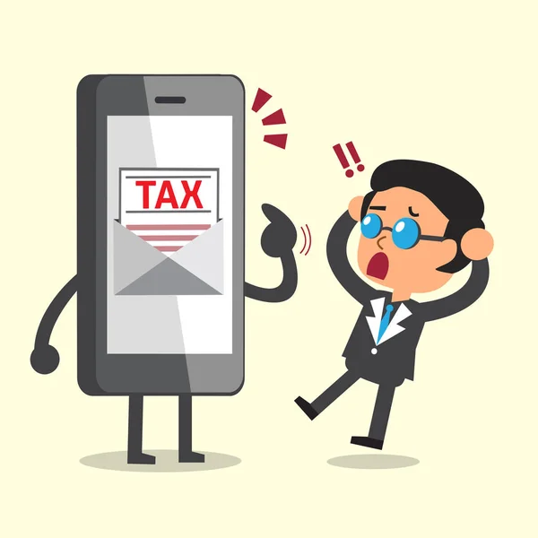Concepto de negocio de dibujos animados smartphone mostrar carta de impuestos al hombre de negocios — Archivo Imágenes Vectoriales