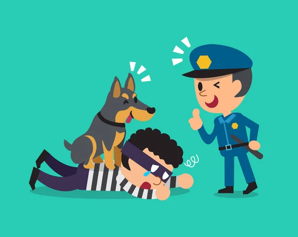 Cartoon doberman dog helping policeman to catch thief — Stock Vector