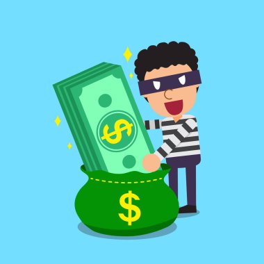 Çizgi film hırsız açın büyük para yığını olan bir çanta