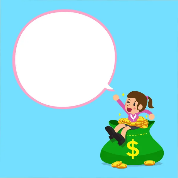 Donna d'affari del fumetto e grande sacchetto di soldi con la bolla di discorso bianco — Vettoriale Stock