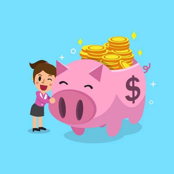 Cartoon zakenvrouw en roze spaarvarken — Stockvector