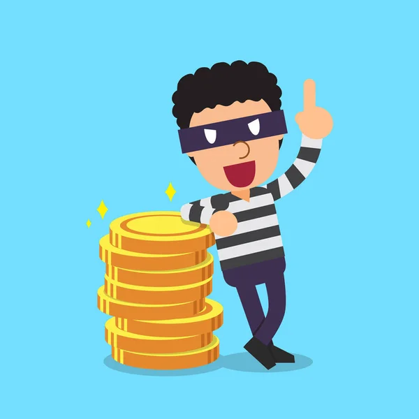 Ladrón de dibujos animados y monedas de dinero — Vector de stock