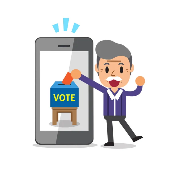 Cartoon senior uomo mettendo carta di voto in smartphone — Vettoriale Stock