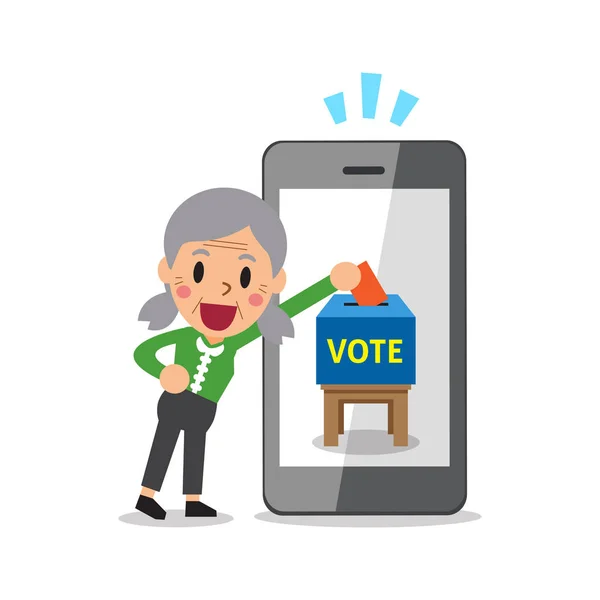 Desenhos animados mulher sênior colocando papel de voto no smartphone —  Vetores de Stock