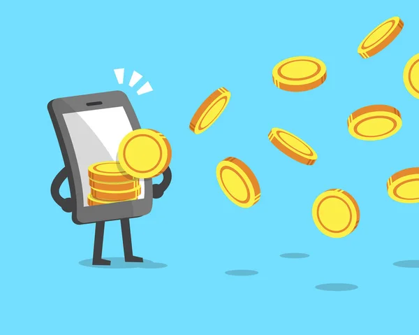 Smartphone dos desenhos animados atraindo moedas de dinheiro —  Vetores de Stock