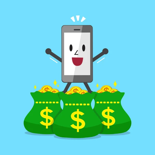 Smartphone karakter en geld tassen — Stockvector