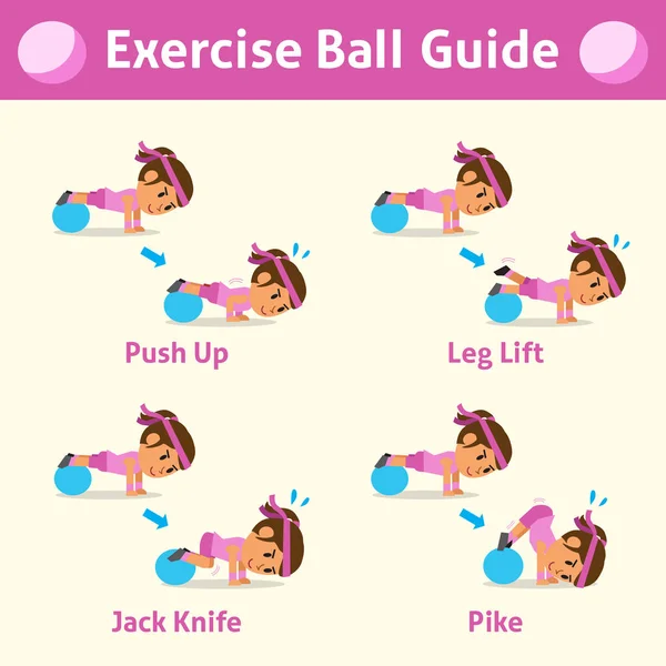 Conjunto de desenhos animados de uma mulher fazendo exercício passo bola para a saúde e fitness —  Vetores de Stock