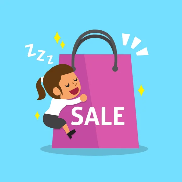 Mujer de dibujos animados y gran bolsa de compras — Vector de stock