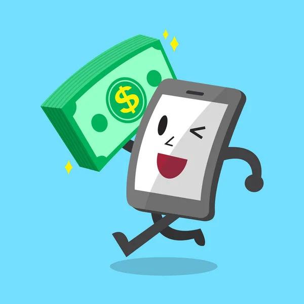 Cartoon smartphone transportando grande pilha de dinheiro —  Vetores de Stock