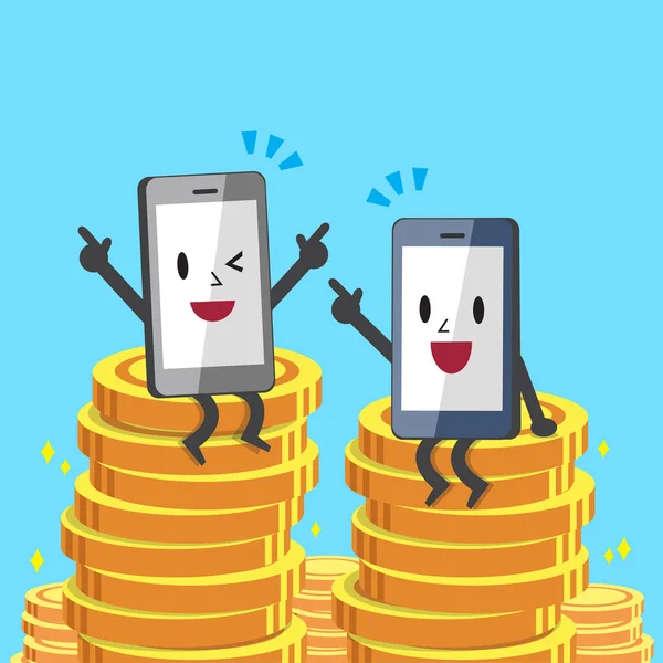 Smartphones de desenhos animados sentados em moedas de dinheiro —  Vetores de Stock