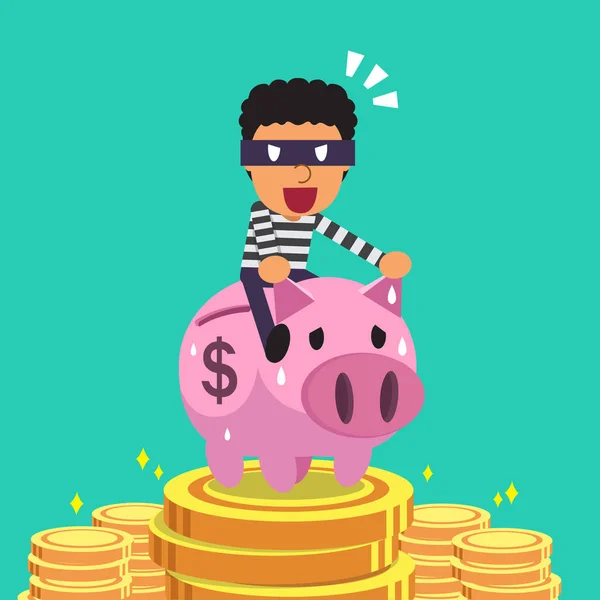 Ladrón de dibujos animados cabalgando alcancía rosa con fondo de dinero — Vector de stock