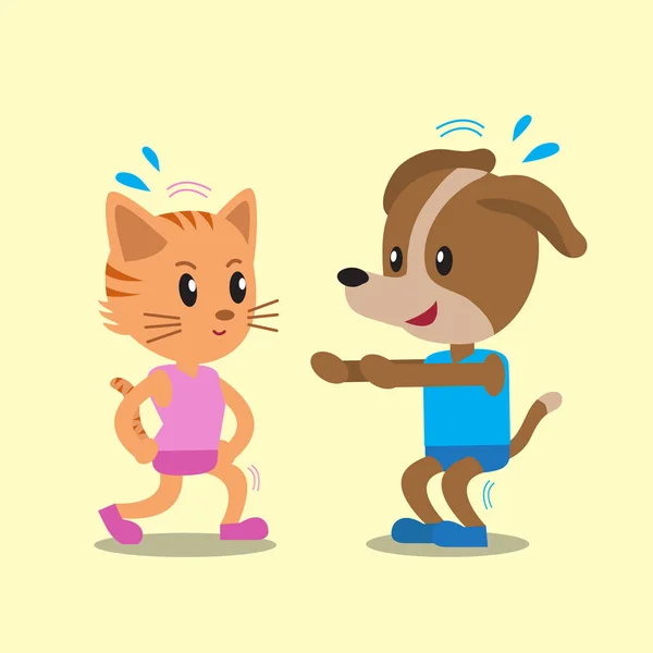 Desenhos animados um gato e um cão fazendo exercício — Vetor de Stock