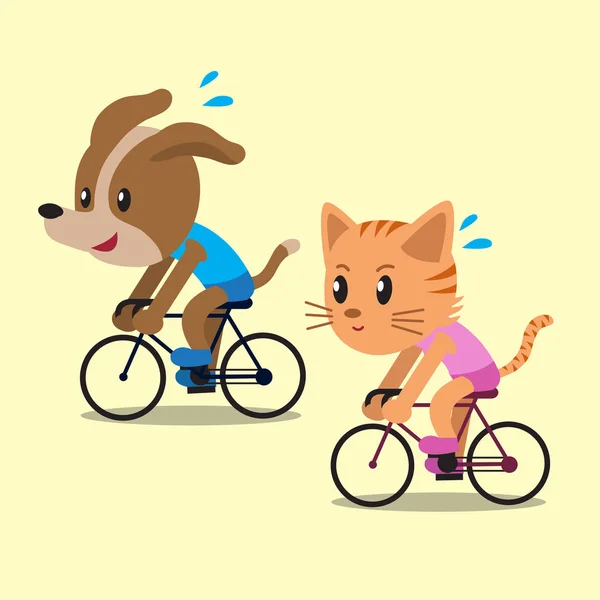Cartoon a cat and a dog ride bikes — Stock Vector