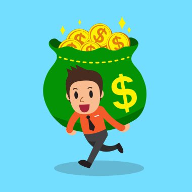 Büyük para çantası taşıyan çizgi film işadamı