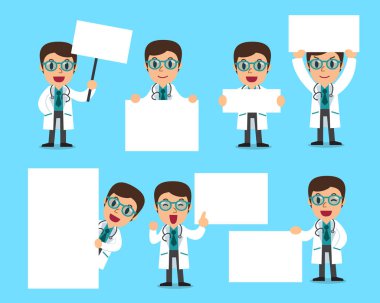 Erkek doktor ile boş beyaz bayrak kümesi