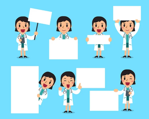 Conjunto de médico feminino com banner branco em branco — Vetor de Stock