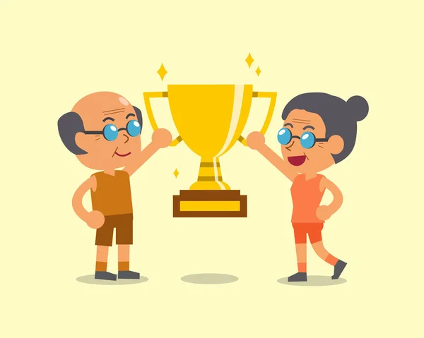 Cartoon senior man och kvinna håller trophy — Stock vektor