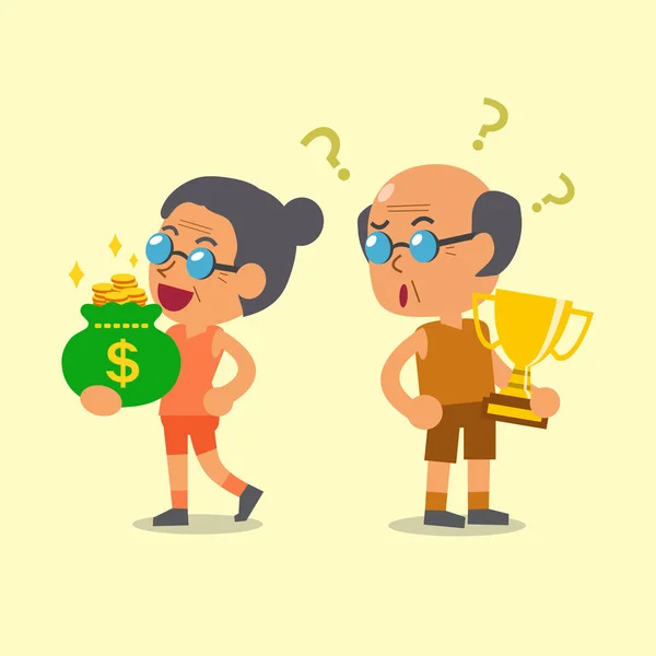 Cartoon sport senior man holding trophy y senior woman holding money bag — Archivo Imágenes Vectoriales