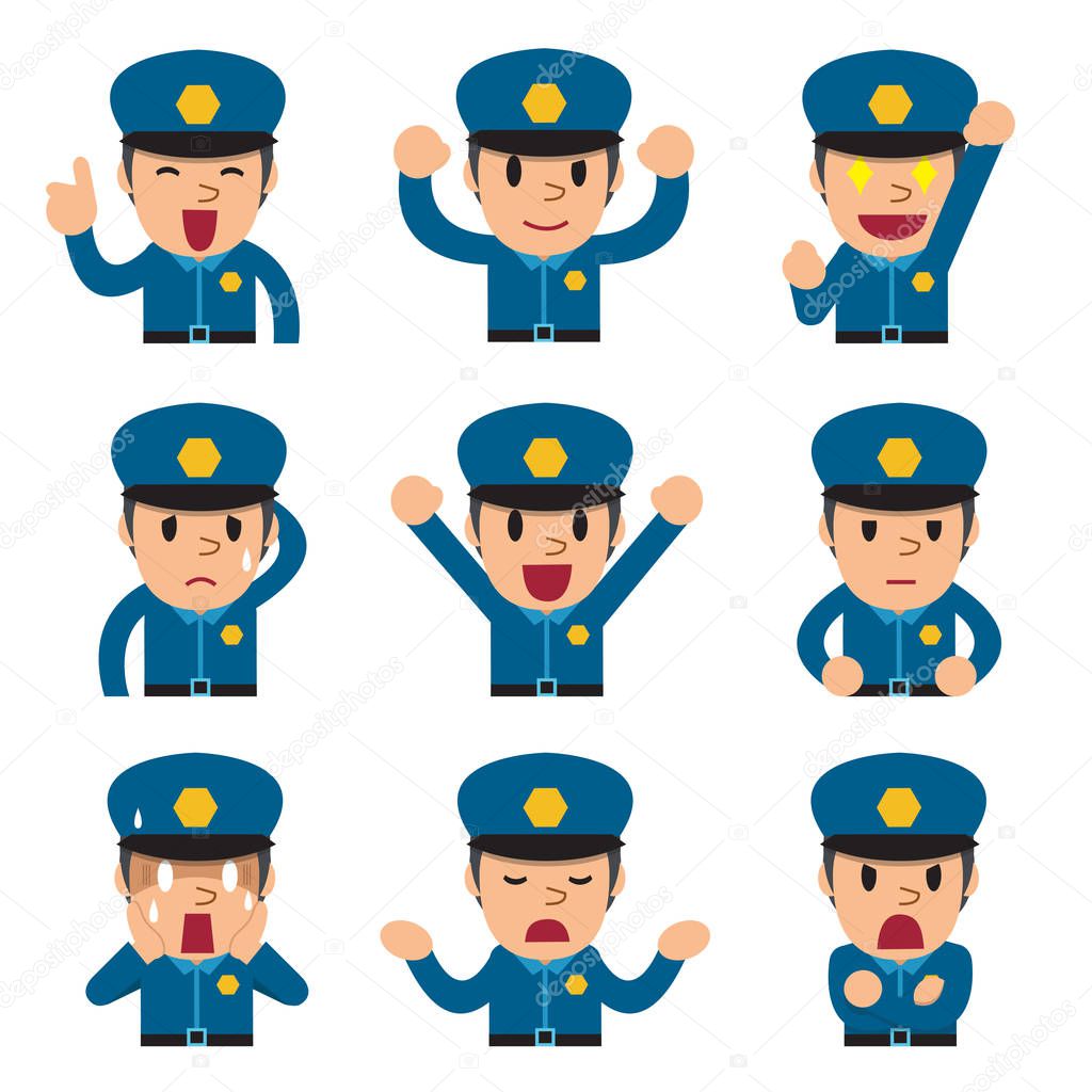 Cartoon policeman faces showing different emotions