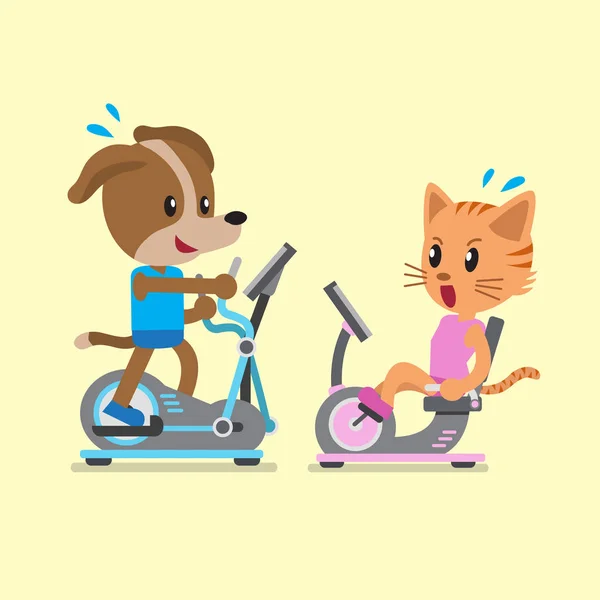 Cartoon cat and dog doing exercise with exercise bike and elliptical machines — Stock Vector