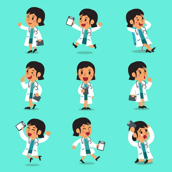 Personaje médico femenino de dibujos animados posa — Vector de stock
