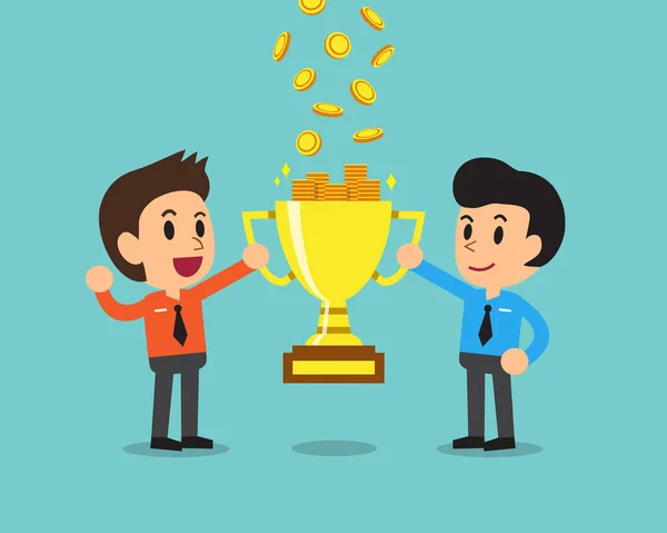 Cartoon business team earning money with trophy — Stock Vector