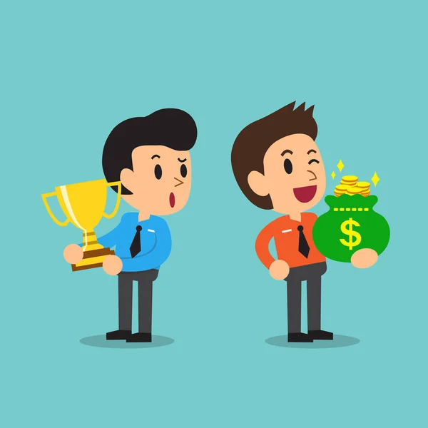 Dibujos animados empresario sosteniendo trofeo y empresario sosteniendo bolsa de dinero — Vector de stock