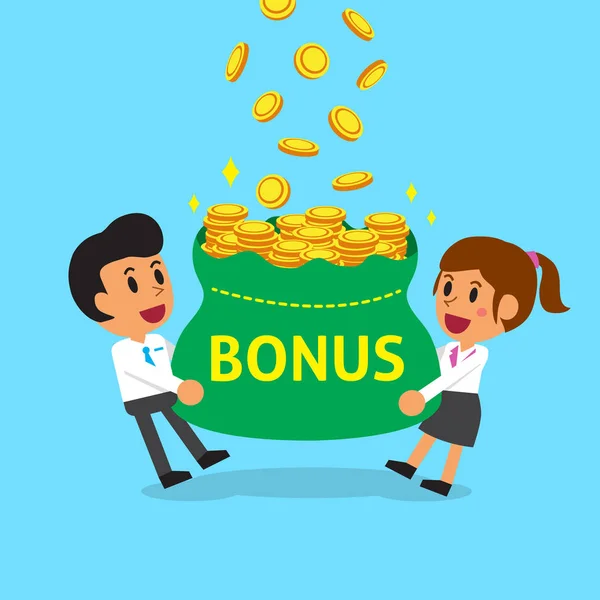 Cartoon business team with big bonus money bag — Stock Vector