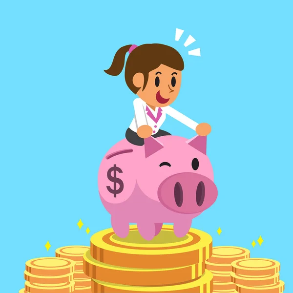 Cartoon business woman riding pink piggy bank with money background — стоковый вектор