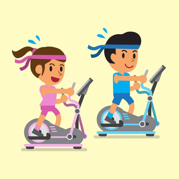 Cartoon a man and a woman exercising on elliptical machines — Stock Vector