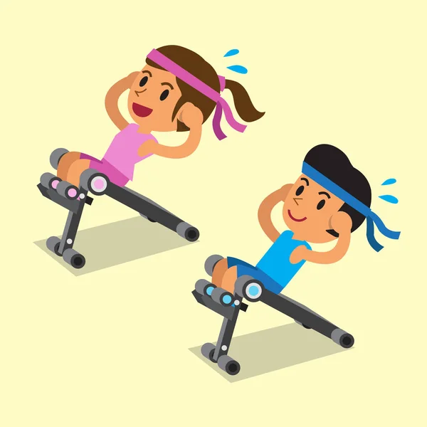 Cartoon a man and a woman using sit up bench — Stock Vector