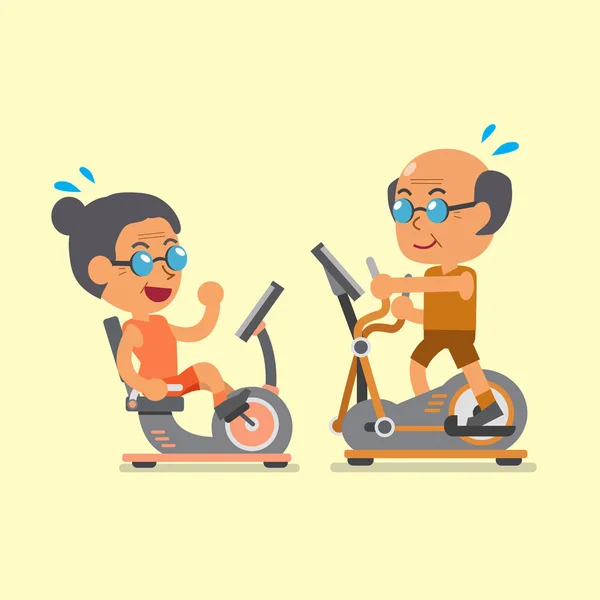 Desenhos animados pessoas idosas fazendo exercício com bicicleta de exercício e máquinas elípticas —  Vetores de Stock