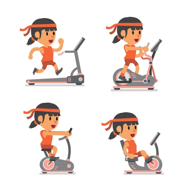 Cartoon sport woman with exercise machines — Stock Vector